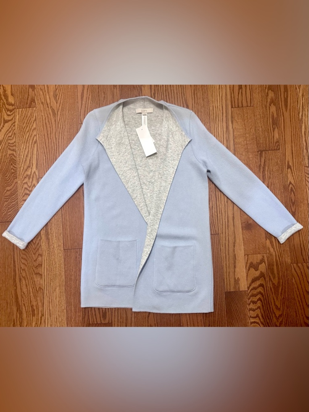 LOFT Reversible Light Blue and Grey Open-Front Cardigan